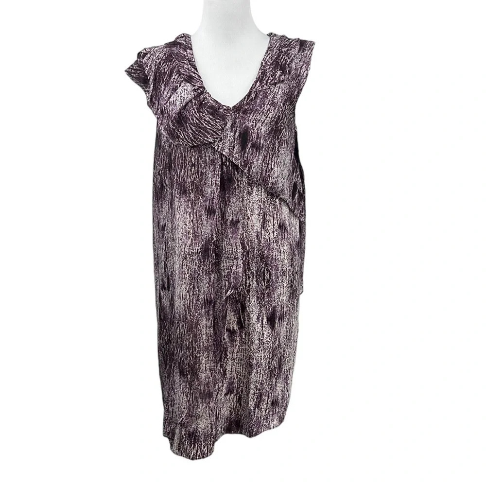 Tony‎ Cohen Dress Womens Medium 6 Purple Printed Ruffled Sleeveless V Neck Silk